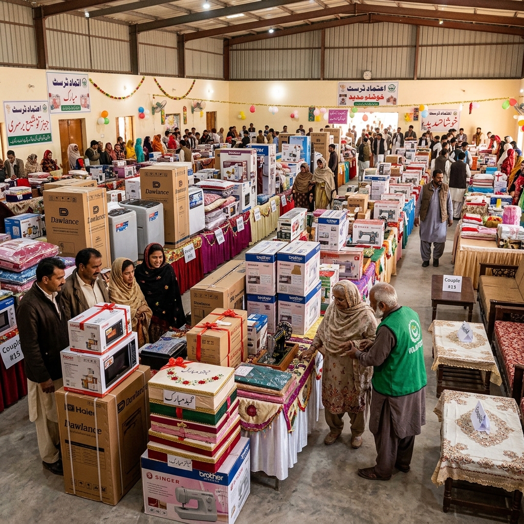 Bridal dowry sets neatly displayed in a community drive hall.