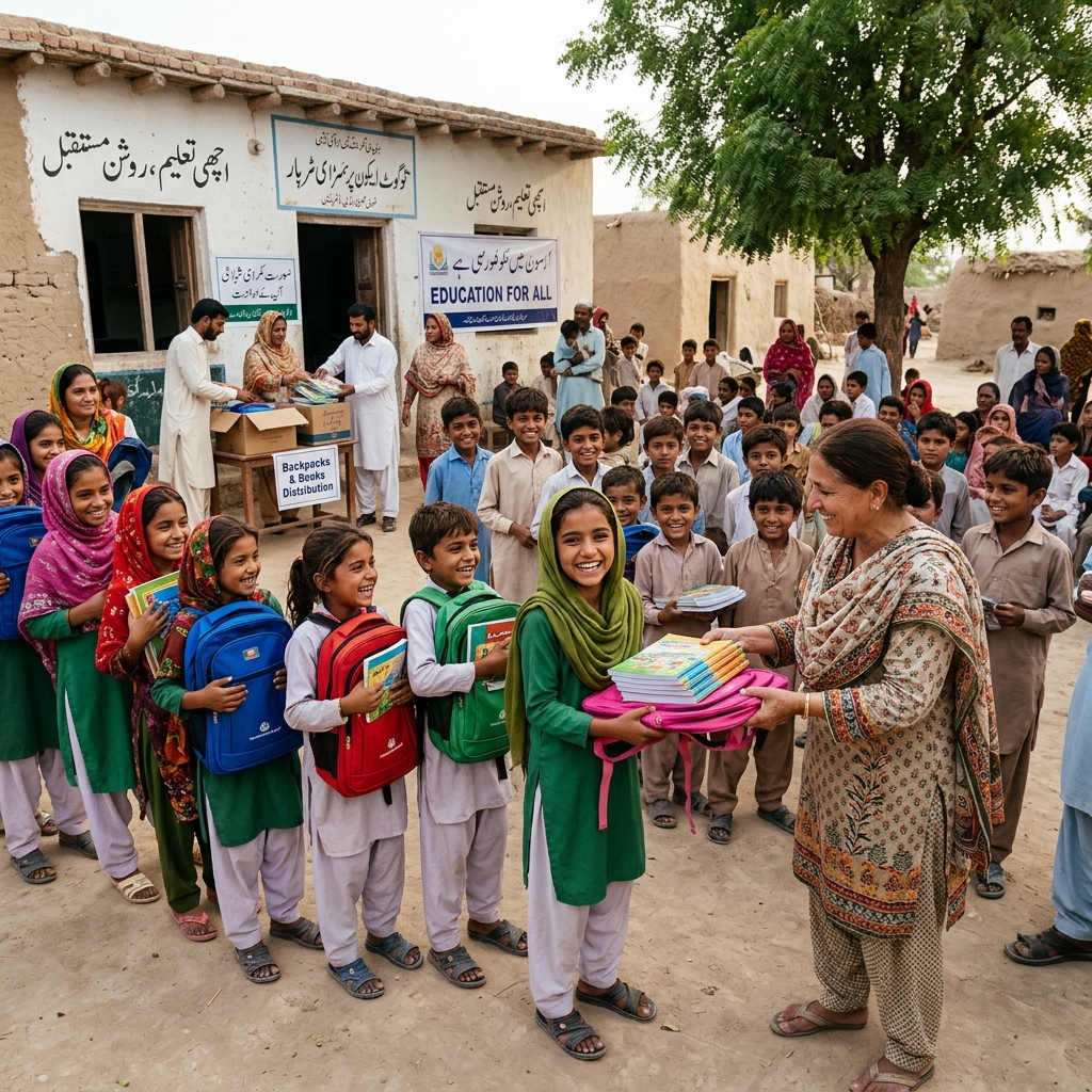 School children happily receiving backpacks and books during an education drive.