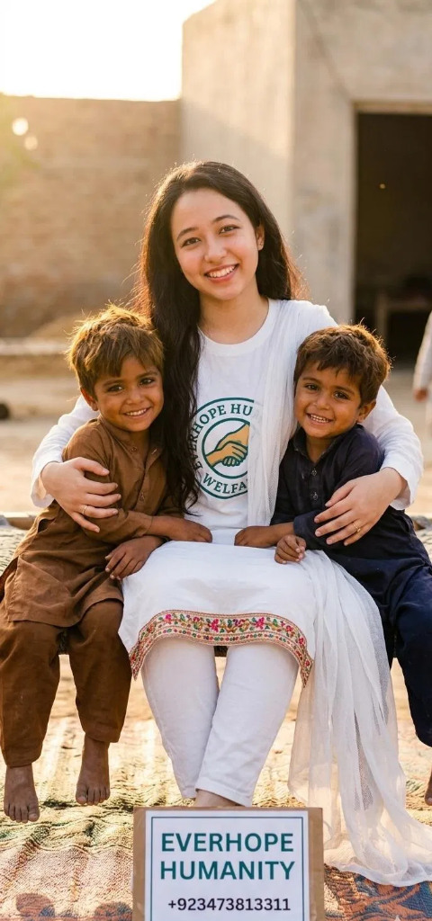 Uzma, CEO of Everhope Humanity Welfare, hugging children in the community.