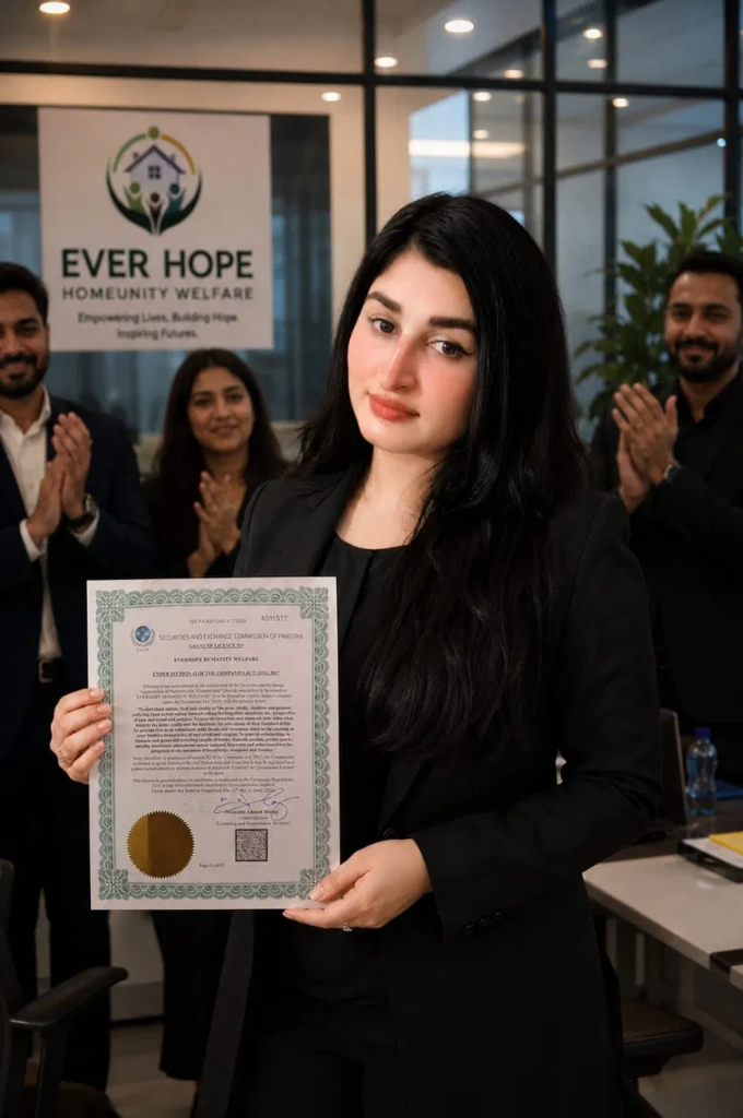 Uzma, Founder and CEO, holding Everhope's official SECP registration certificate.