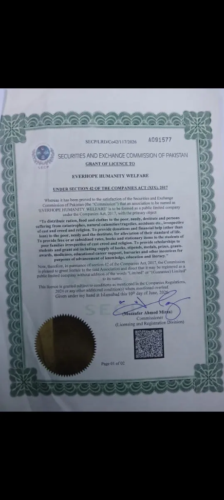 Official SECP registration license for Everhope Humanity Welfare.