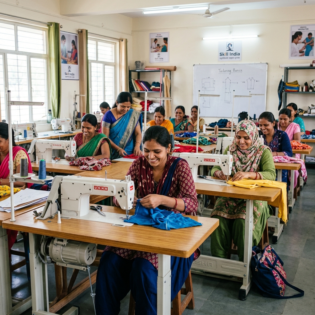 South Asian women practicing tailoring in a vocational training class.