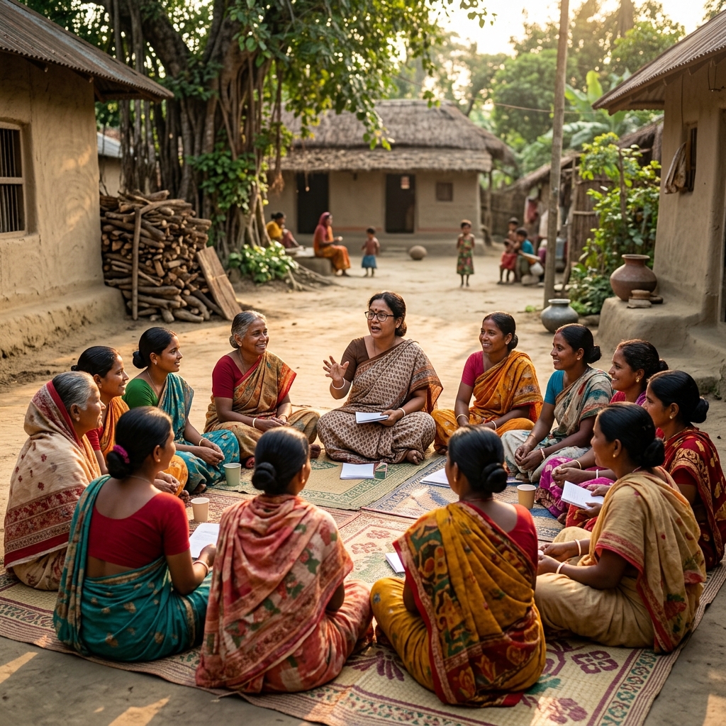 Uzma sitting in discussion with village women in a courtyard.